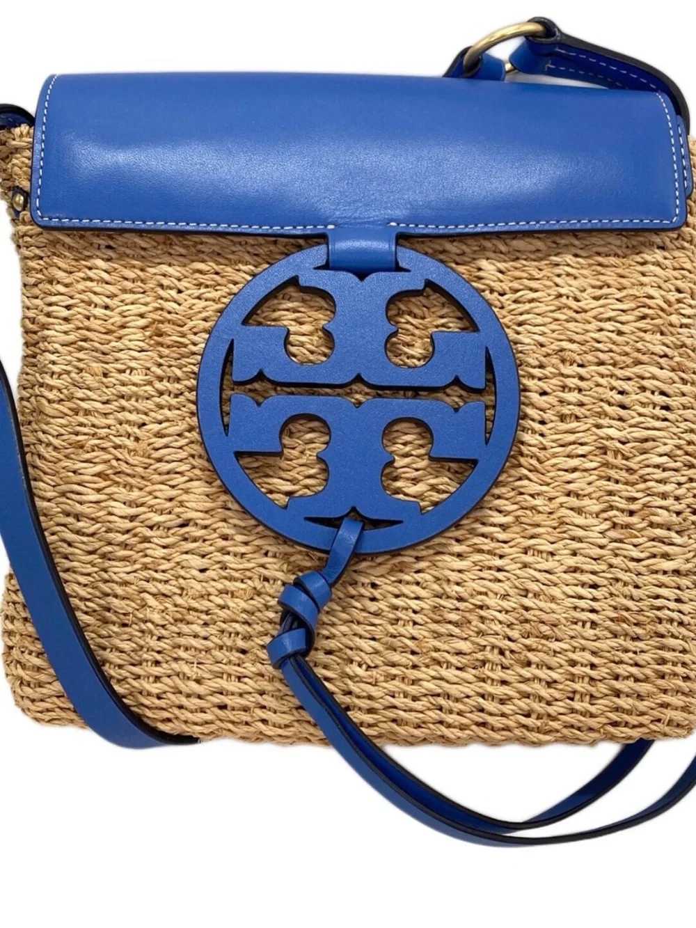 Tory Burch Blue Leather & Woven Straw Crossbody